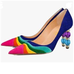 FOWT Navy-rainbow Wave Pattern Pointed Toe Slip On Pumps Jewelry High Heel Shoes